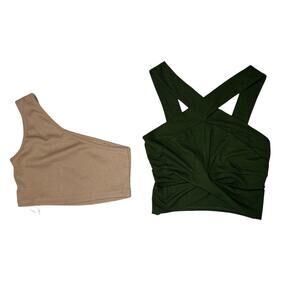 Cider Bralette Crop Top (2) Small Ribbed Halter Olive Green Cut Out Athleisure